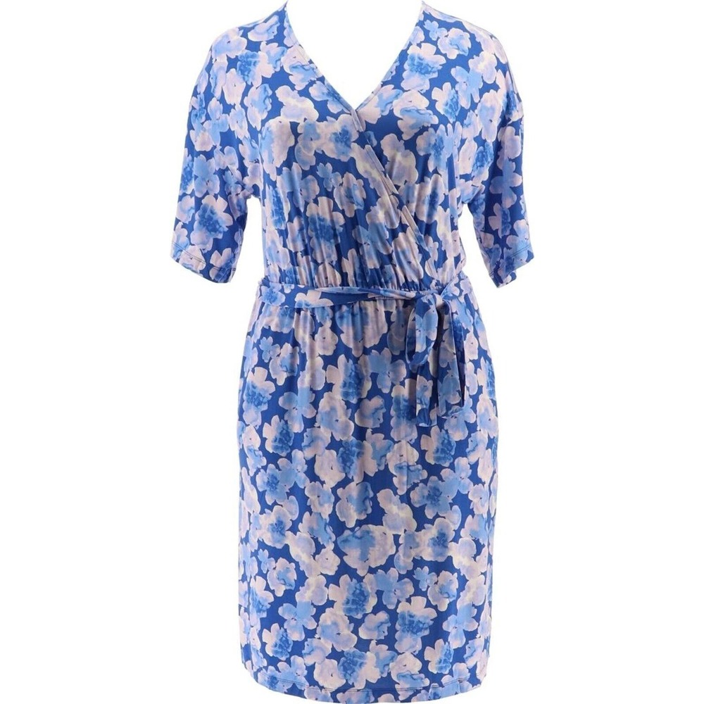 Jason Wu Wrap Dress Floral 2X Blue Watercolor V-Neck Midi Belted Stretch Jersey